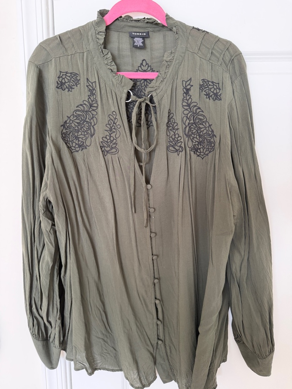 NWOT Torrid Olive Embroidered Tie-Neck Blouse